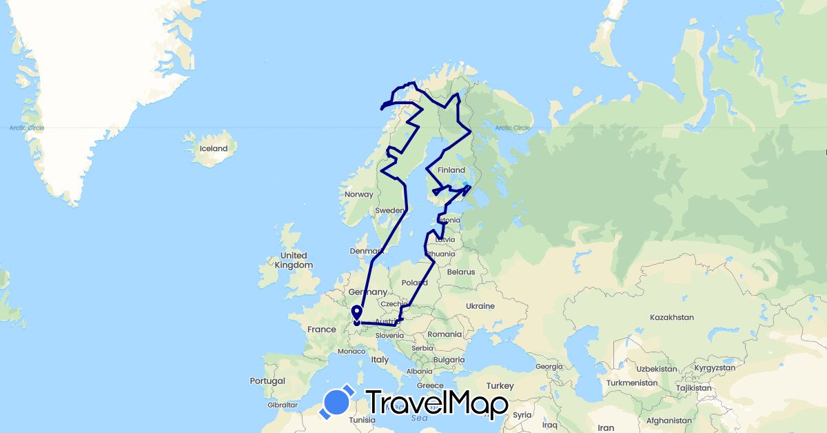 TravelMap itinerary: driving, boat in Austria, Switzerland, Czech Republic, Germany, Denmark, Estonia, Finland, Lithuania, Latvia, Norway, Sweden (Europe)